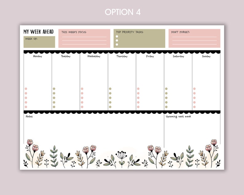 Weekly Planner A4 Deskpad Tear-Off Floral Note Pad option 4