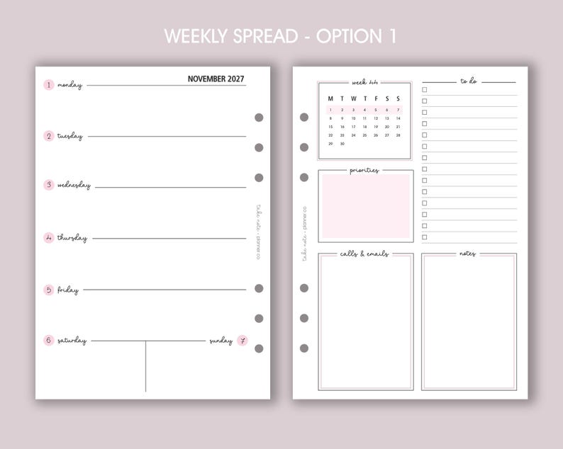 DATED Weekly Planner Inserts A5 | Diary Page Refill [classic:WEEK2] option 1