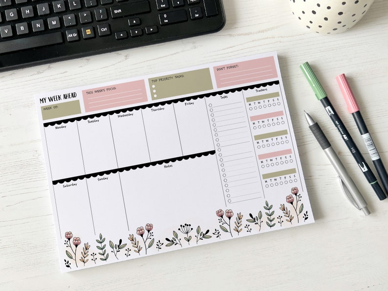 Weekly Planner A4 Deskpad Tear-Off Floral Note Pad image 1