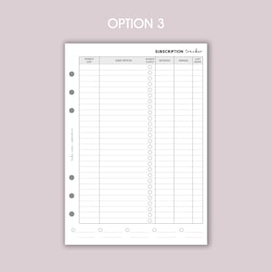 May include: A printable subscription tracker with columns for the subscription name, renewal date, frequency, and whether it is annual or auto-renew. The tracker has 25 rows for listing subscriptions.