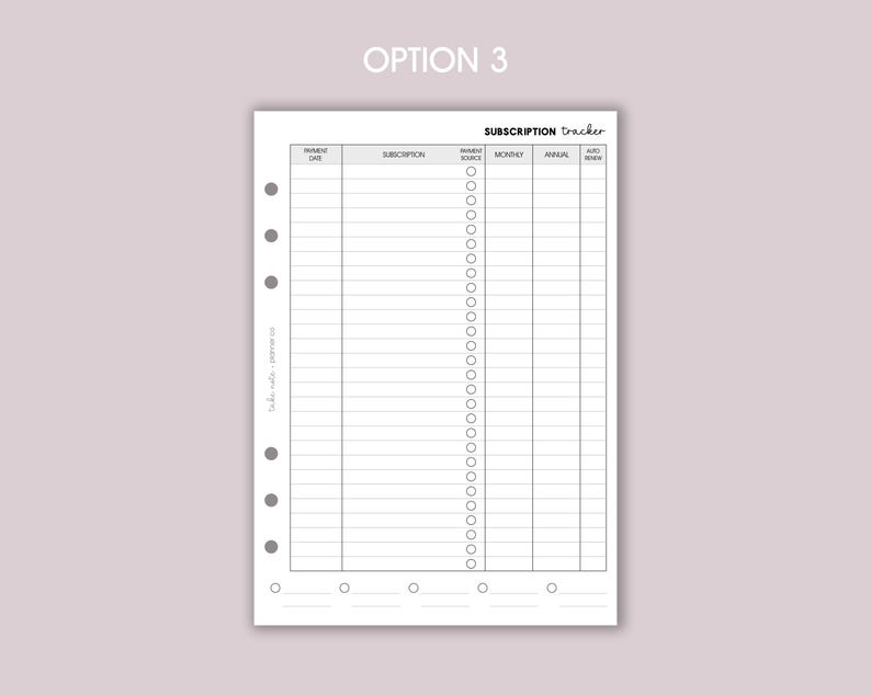 May include: A printable subscription tracker with columns for the subscription name, renewal date, frequency, and whether it is annual or auto-renew. The tracker has 25 rows for listing subscriptions.