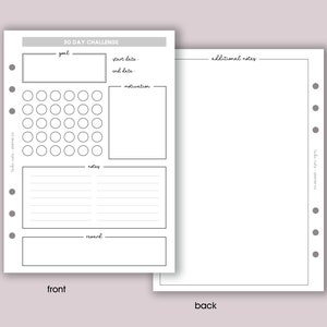 May include: A printable 30-day challenge tracker with sections for goal, start date, end date, motivation, notes, and reward. The back of the page is blank for additional notes.