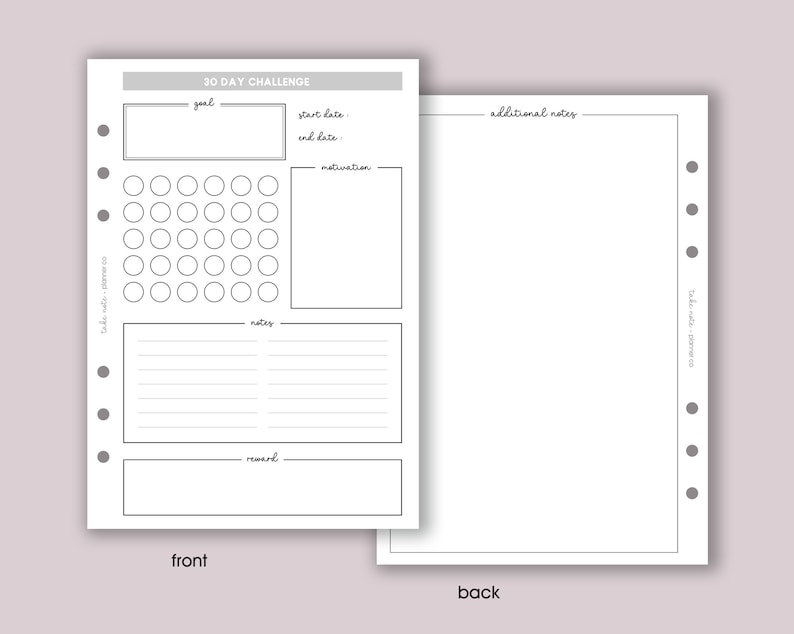 May include: A printable 30-day challenge tracker with sections for goal, start date, end date, motivation, notes, and reward. The back of the page is blank for additional notes.