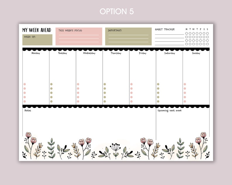 Weekly Planner A4 Deskpad Tear-Off Floral Note Pad option 5