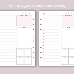 May include: A printable daily planner page with a section for "today's focus", a to-do list, and a meal planner. The page is designed for use with a disc-bound planner.