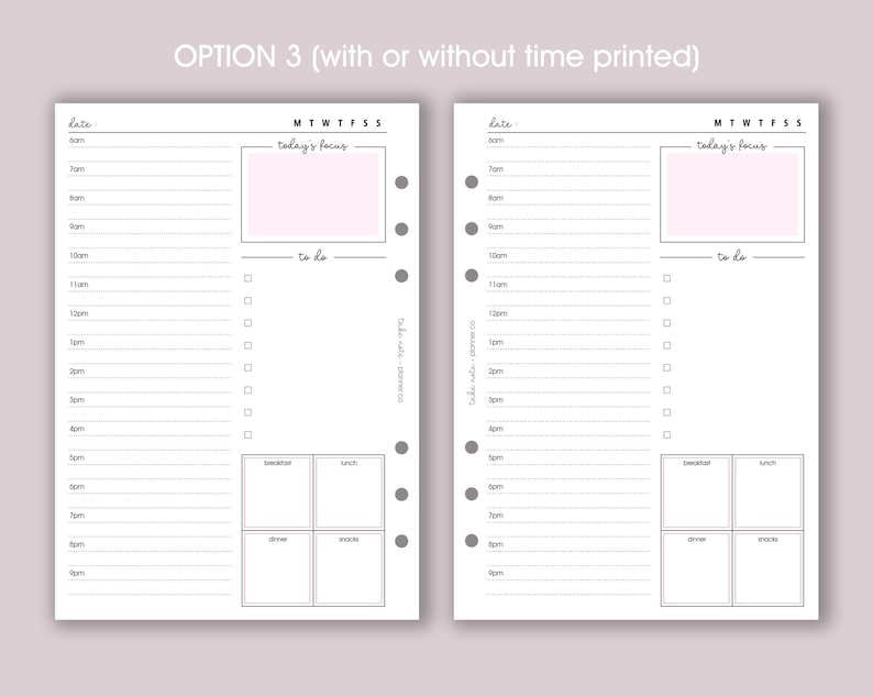 May include: A printable daily planner page with a section for "today's focus", a to-do list, and a meal planner. The page is designed for use with a disc-bound planner.