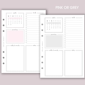 May include: A printable planner page with a calendar, to-do list, priorities, calls and emails, and notes sections. The page is designed in a pink and gray color scheme.
