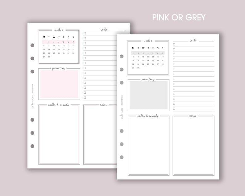 May include: A printable planner page with a calendar, to-do list, priorities, calls and emails, and notes sections. The page is designed in a pink and gray color scheme.