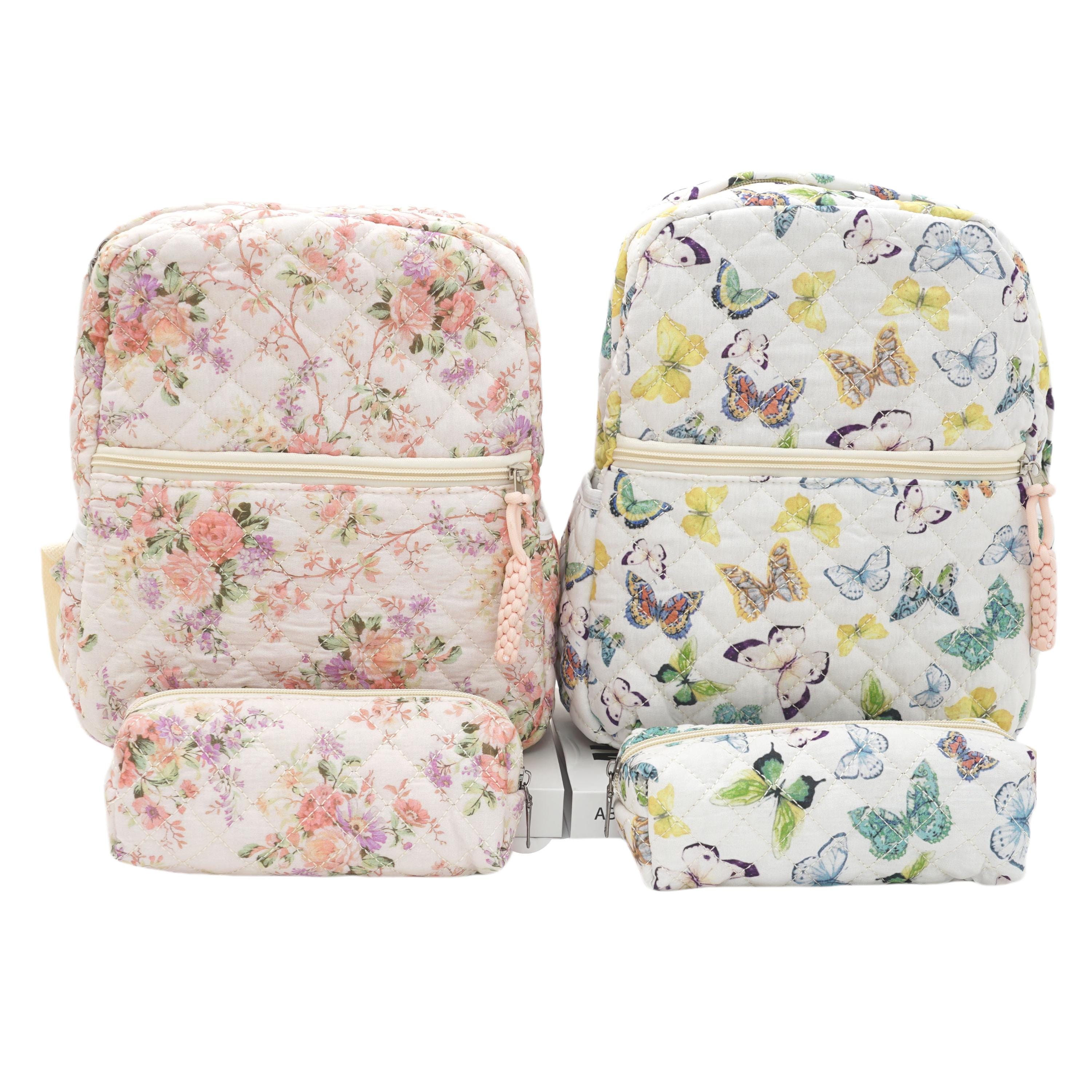 6226 Mini 2Pcs/ Set Small Floral Quilted Cotton Backpack Purse All Cotton Quilted Mini Backpack (Floral, Animal) – Uli Bags main image 4