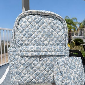 Blue Floral Quilted Backpack with Matching Pouch, 15.6 Inch Laptop Backpack for Women, College Work Travel Bag