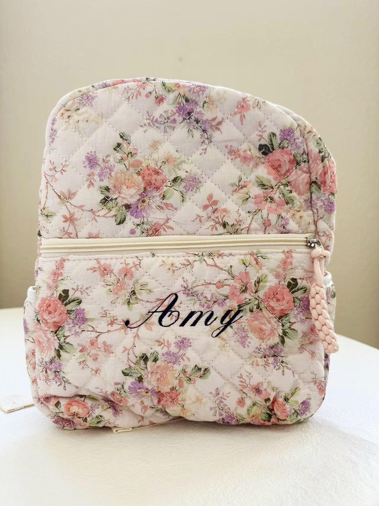 6226 Mini 2Pcs/ Set Small Floral Quilted Cotton Backpack Purse All Cotton Quilted Mini Backpack (Floral, Animal) – Uli Bags main image 3
