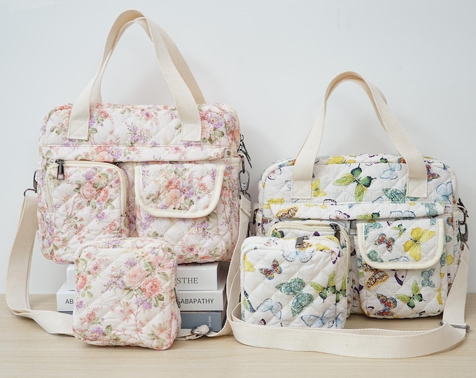 Cute Floral Quilted Crossbody Bag Set (2 PCS) with Multi-Pockets for Women, Tote Shoulder Everyday Handbags
