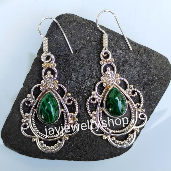 Malachite Pearshape Dangle Drop Earrings, 925 Sterling Silver Handmade Earrings, Gift for Her, Gemstone Earrings, Birthstone Earrings