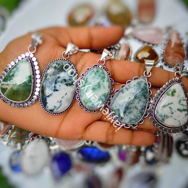 Natural Tree Agate Gemstone Pendant, Silver Plated Pendant, Hand Polished Smooth Tree Agate Necklace, Wholesale ,Mix Shape & Size Gemstone .