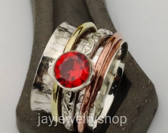 Garnet Ring, Spinner Ring, 925 Sterling Silver Ring, Handmade Ring, Silver Band Ring,Anxiety Ring,Fidget Ring,Meditation Ring,Gift For Mom.