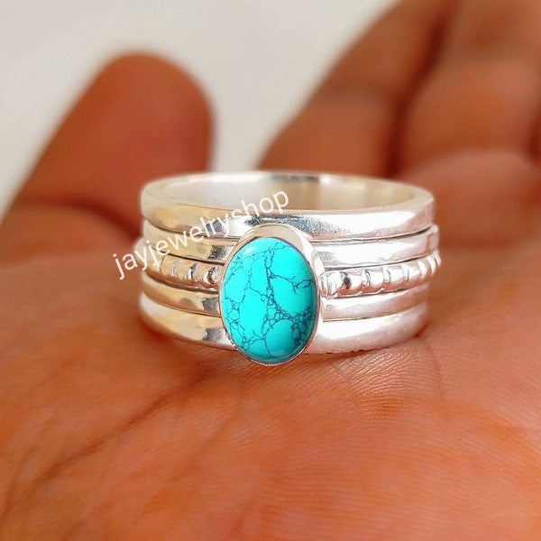 Turquoise spinner Ring, Sterling Silver, Modern Blue Turquoise Jewelry, Sleek Inlay Turquoise Stone Ring, Stackable Minimalist Flat Stone