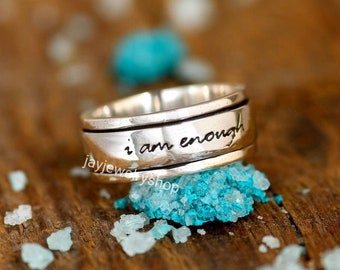 Soy suficiente anillo, anillo fidget spinner, anillo de plata de ley para mujeres, anillo de ansiedad de meditación, anillo grabado, anillo de cita inspiradora.regalos