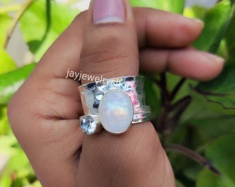 Rainbow Moonstone Spinner Ring, Crystal spinner ring,925 Sterling Silver, Fidget Spinner ring, Silver Handmade Ring, Meditation Ring, sale !