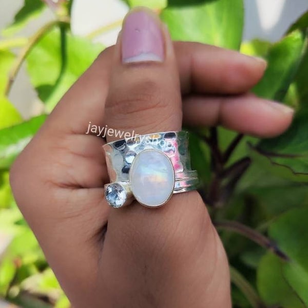 Rainbow Moonstone Spinner Ring, Crystal spinner ring,925 Sterling Silver, Fidget Spinner ring, Silver Handmade Ring, Meditation Ring, sale !