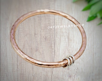 Heavy copper bangle with silver detail | Hammered copper stacking bangle | Pure copper bracelet | Gift for her | Handmade copper jewellery.