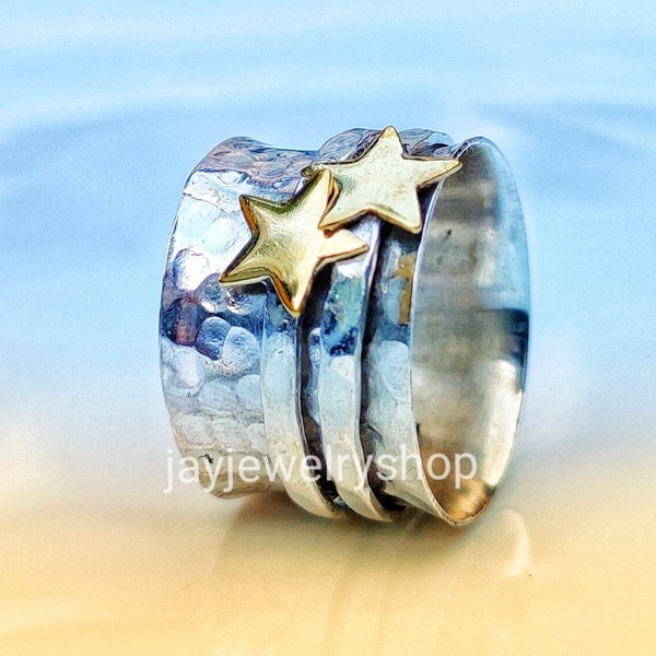 Spinner Ring, Star Spinner Ring, 925 Zilveren Ring, Fidget Ring, Boho Ring, Worry Ring, Angst Ring-Spinning Ring-Stress Ring-ster maan ring