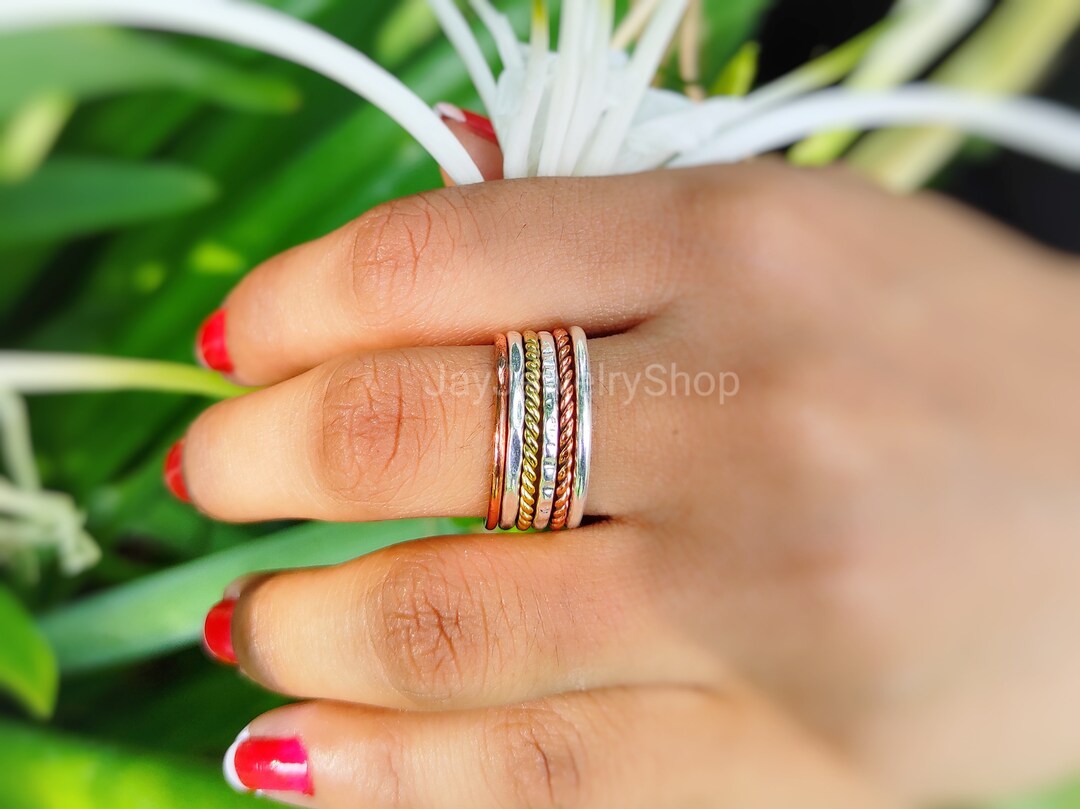 Set of 6 Stacking Rings Thin Sterling Silver, Copper or Brass Rings