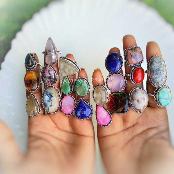 Mix Wholesale Rings Lot, Natural Amethyst, Rose Quartz, All US Size Rings, Multi- Mix Gemstone, 925 Silver Plated Ring Jewelry, Bulk Rings.