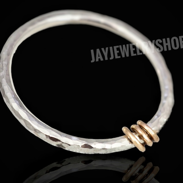 Bracelet jonc en argent très lourd avec maillons en or | Bracelet en argent sterling massif avec maillons en or | Bracelet épais en argent | Cadeau pour femme | Fait main