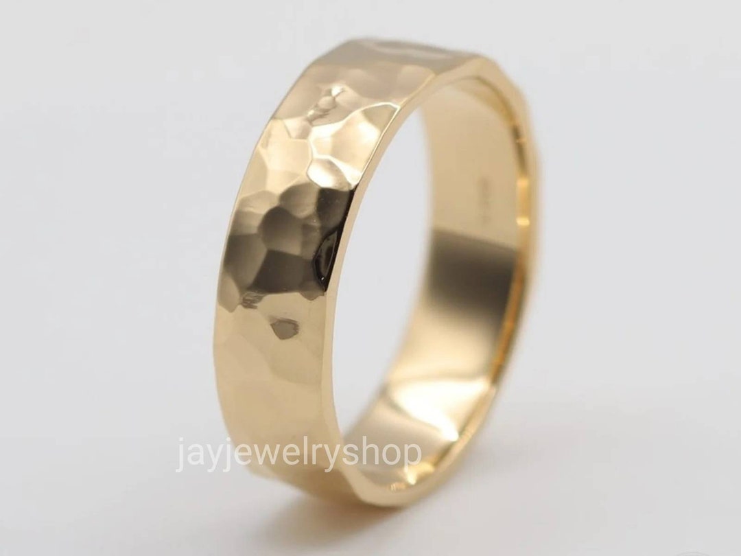 Mens Hammered Solid Brass Ring Rustic Hammered Golden Brass Wedding