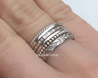 925er Silber Stapelringe! Set aus 6 Ringen 925 Sterling Silber! Stapel Ringe für Frauen! Midi Ringe! Gestapelte Ringe!Handgefertigte Ringe! Zierliche Ringe