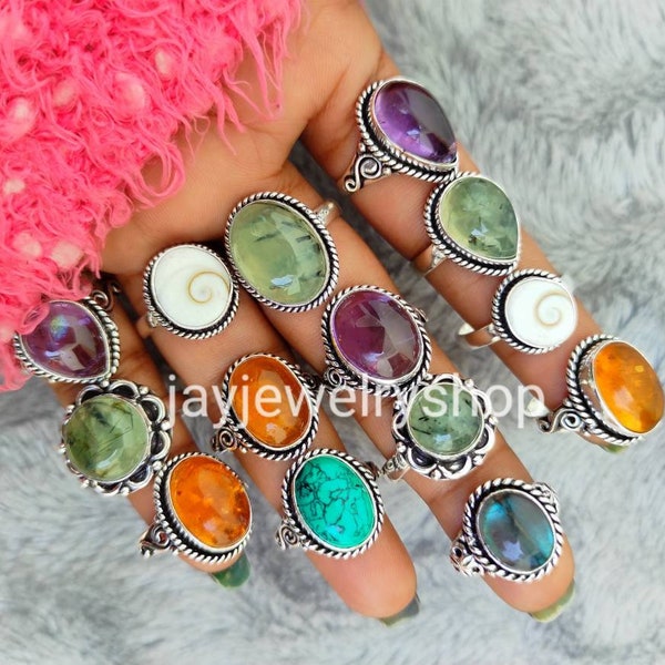 Mix Wholesale Gemstone Rings Lot, Natural Amethyst, Rose Quartz, All US Size Rings, Multi- Mix Gemstone, 925 Silver Plated Ring Jewelry,Gift