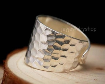 Sterling zilveren brede ring, verstelbare ring, statement ring, brede band ring, duimring, zilveren ring, dikke ring, gehamerde ring, brede ring