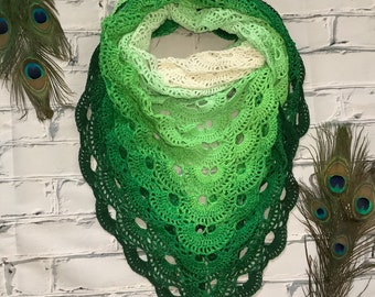 Shades of Green Triangle Shawl Wrap, Crochet Cotton Bridal Wrap, 2nd Anniversary Gift For Wife, Crochet Shawl, Virus Shawl, Bridesmaid Shawl