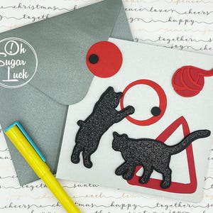 Carte de voeux 3D faite main de chat noir, cadeau unique d'amant de chat, design minimaliste moderne