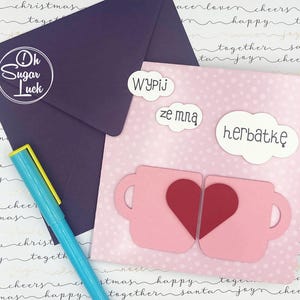 Ręcznie robiona kartka okolicznościowa z kubeczkami i sercem, Walentynki, rocznica, przyjaźń