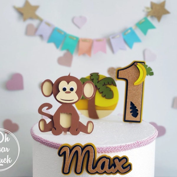 Monkey cake topper - personalized cake decoration with a monkey and safari theme - palm and bananas decoration,