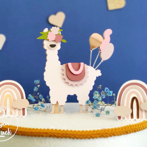 Llama Cake Topper, happy llama for birthday cake, birthday aloha style, llama and rainbow cake topper, boho llama, boho paper decor