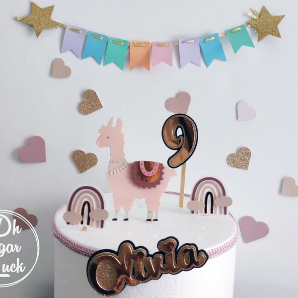 Llama Cake Topper, Personalized Llama Cake Topper with name and number, Llama cake topper and mini rainbows, boho llama, llama party, alpaca