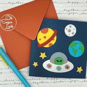 Space-themed greeting card - planets, stars, and UFO