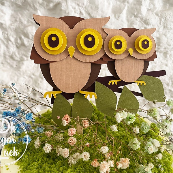 owl cake topper, personalized owl cake topper, woodland party, owls on branch birthday cake topper, name and number owl cake topper,