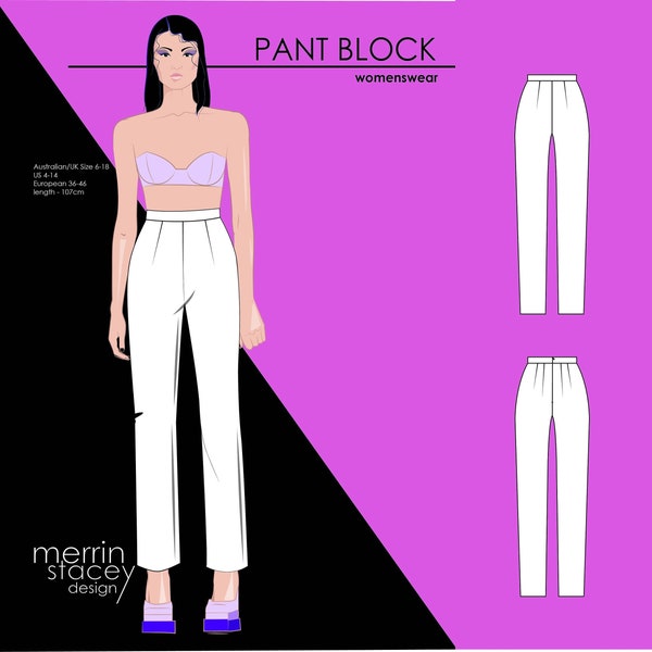 Pant block downloadable PDF Womenswear straight leg 107cm in length S6-18 Australian sizing or 4-14 US