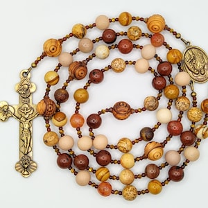 Gemstone Rosary: Holy Family Holy Spirit Centerpiece, Olive Wood Beads