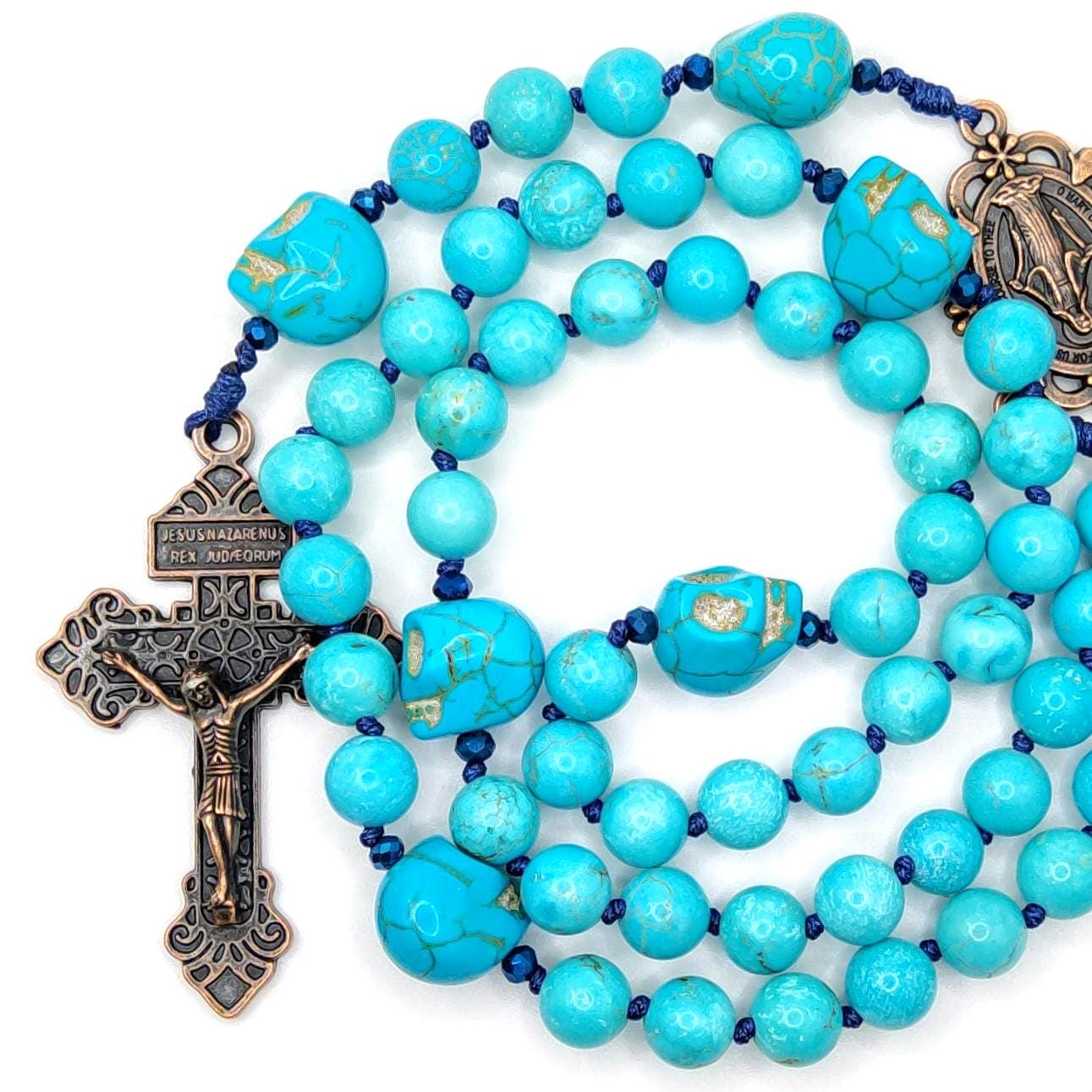 Memento Mori - Blue Turquoise and Stone Skulls on Nylon - Hand