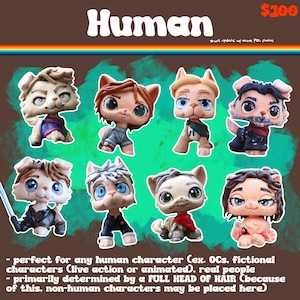 May include: A collection of eight stylized animal figurines with large eyes, each featuring distinct human-like hairstyles, facial hair, and clothing. The figures are arranged in two rows against a teal and brown background with the text Human.