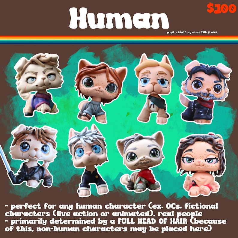 May include: A collection of eight stylized animal figurines with large eyes, each featuring distinct human-like hairstyles, facial hair, and clothing. The figures are arranged in two rows against a teal and brown background with the text Human.