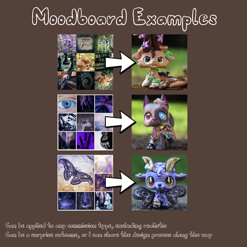 May include: A graphic display titled Moodboard Examples showing three sets of image collages with white arrows pointing to three custom-painted animal figurines. The figurines feature intricate details, including horns, wings, and varied color schemes.