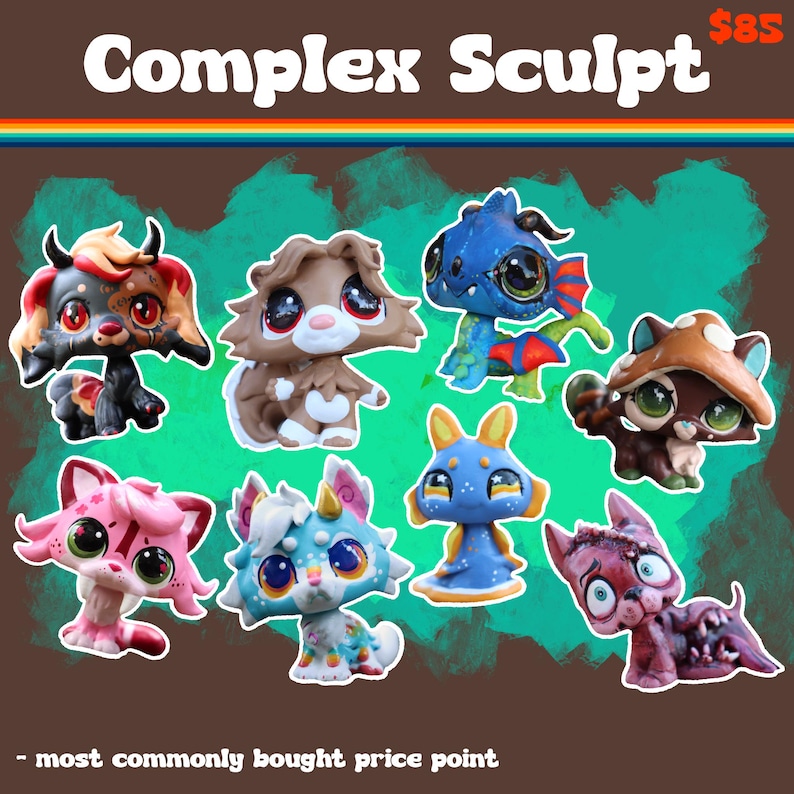 May include: A collection of eight stylized animal figurines with large eyes, including a black and red horned creature, a brown dog, a blue dragon, a mushroom-capped animal, a pink cat, a multi-colored creature, a blue alien, and a red monster.