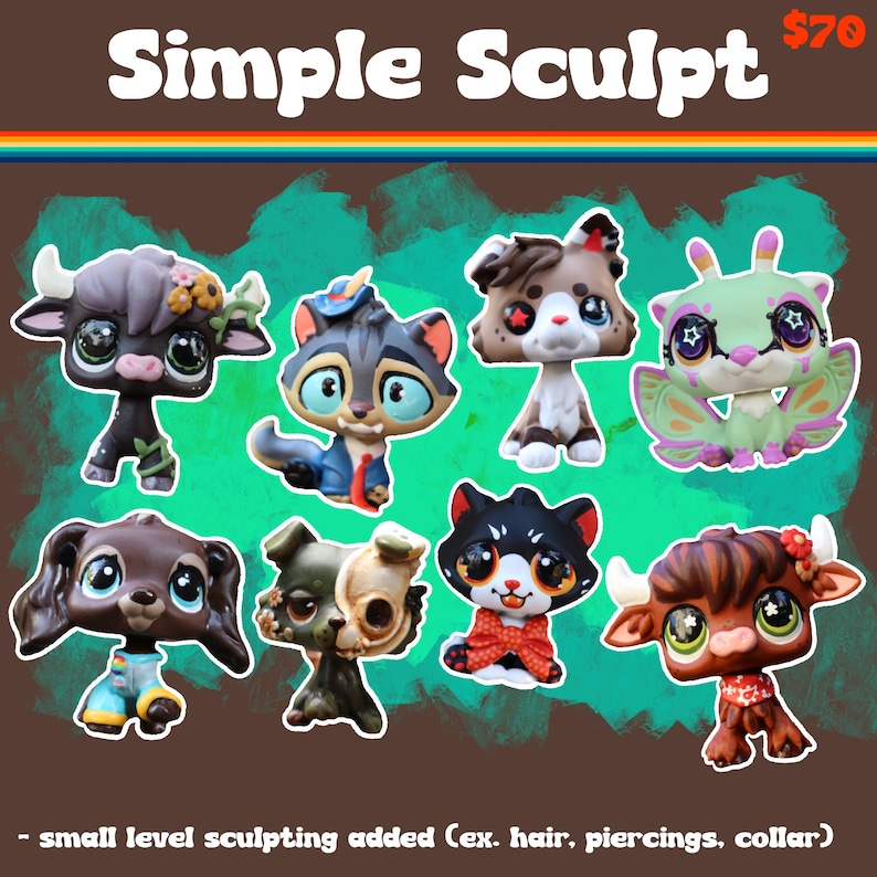 May include: A collection of eight small animal figurines with large eyes, featuring custom sculpted details like hair, piercings, and collars. The text Simple Sculpt is displayed at the top, and small level sculpting added is at the bottom.