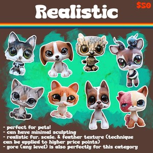 May include: A collection of eight stylized animal figurines with large eyes, including a cat, a dog, an owl, a deer with a bird, a tabby cat, an orange cat, a brown and white dog, and a fox-like creature, all displayed against a brown background.
