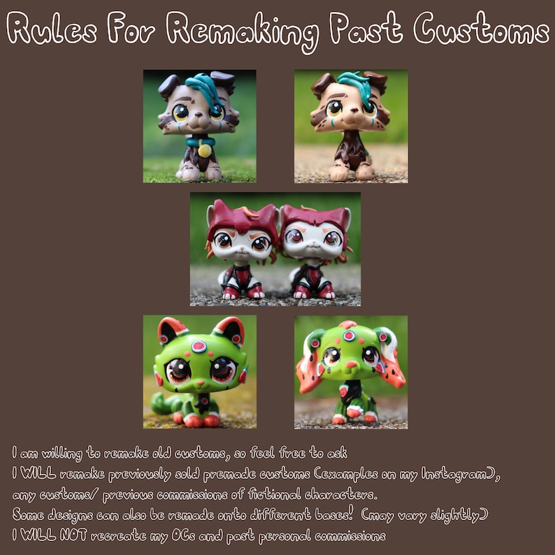 May include: A collection of six small animal figurines with painted details, including a brown cat with teal hair, two red and white figures, a green cat, and a green dog with orange ears. The text reads Rules For Remaking Past Customs.